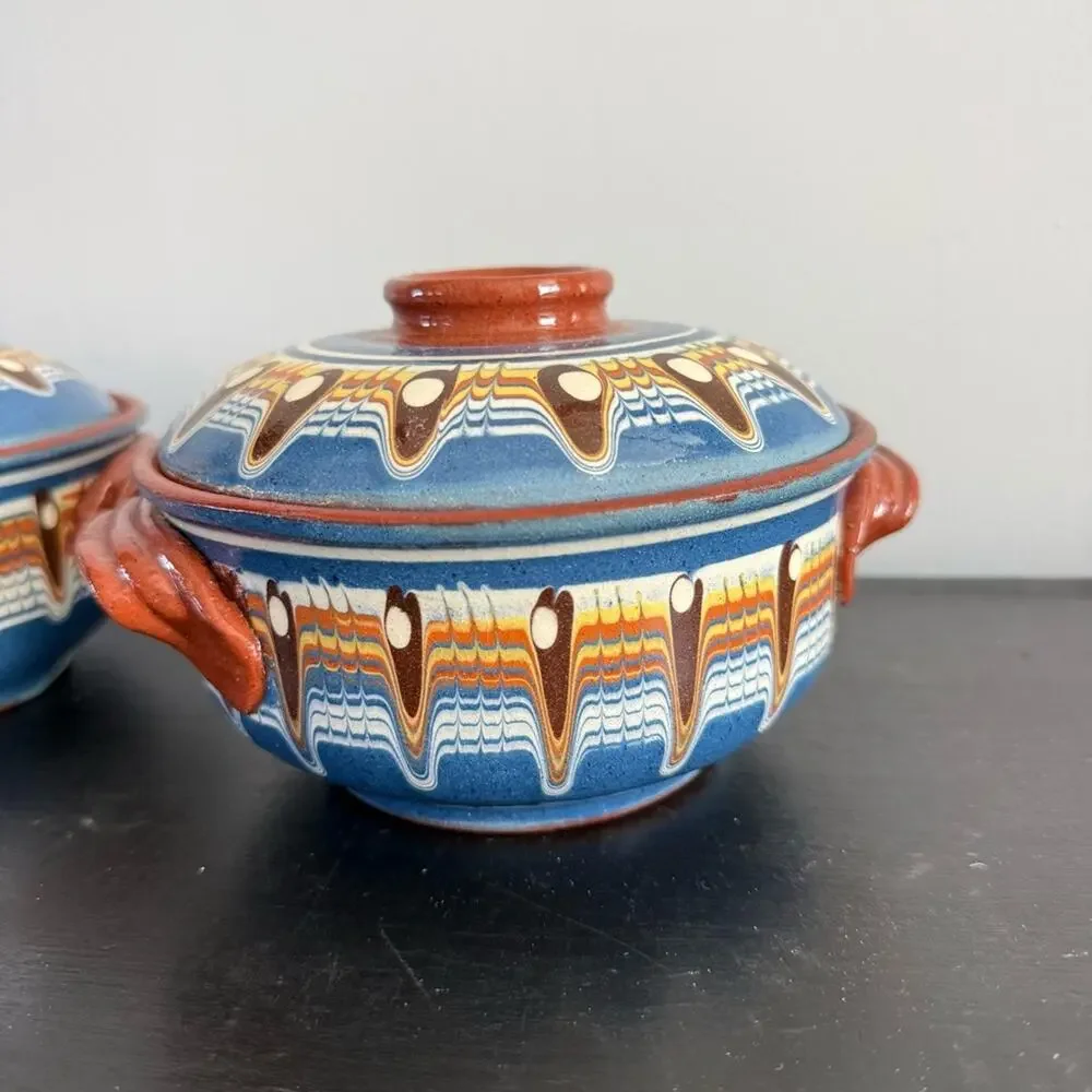 Vintage Bulgarian Redware Clay Pot Lid Traditional Folk Art Pottery Hand Painted